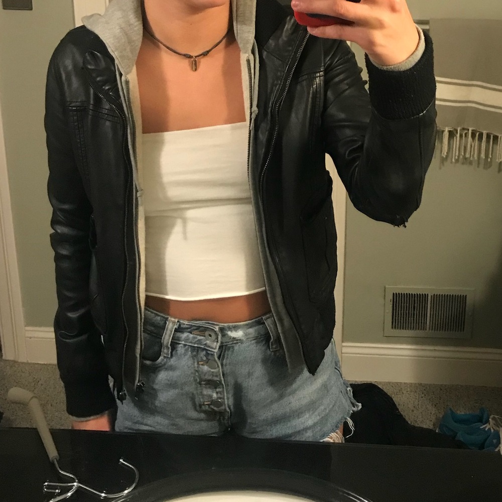 Obey leather jacket with built in hoodie